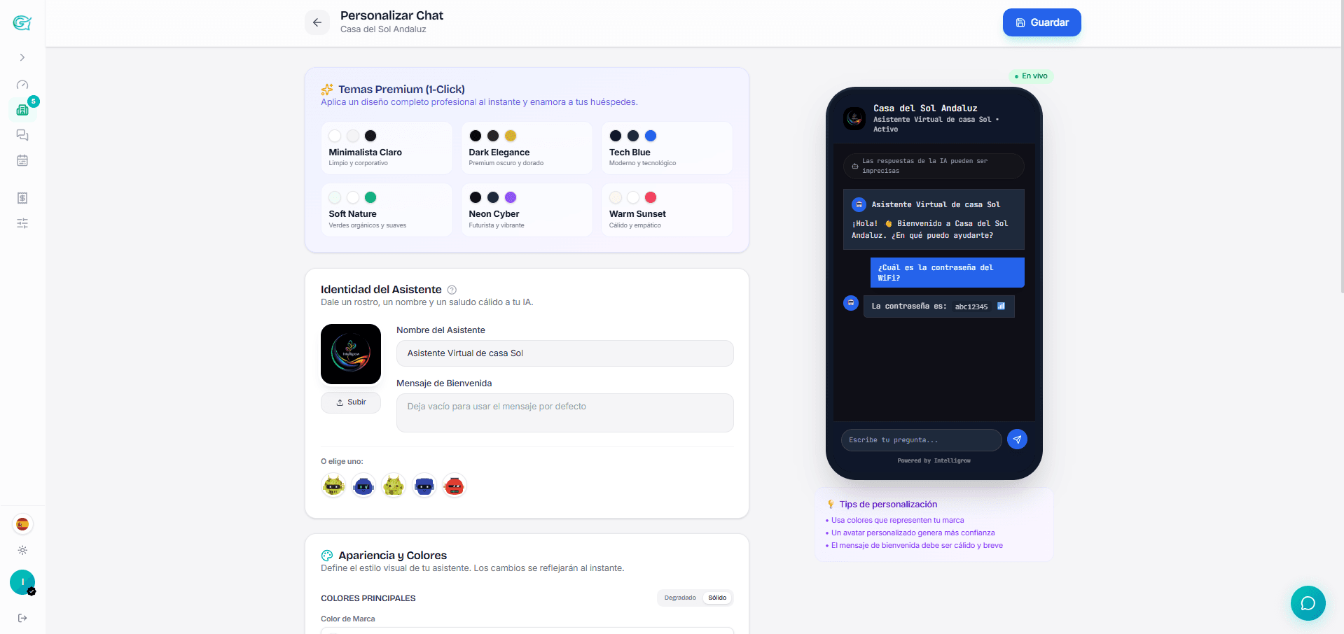 Pantalla de personalización del chat de Guestly con opciones de colores y branding