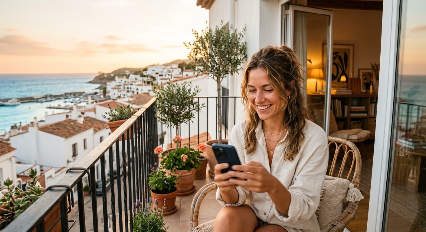Huésped recibiendo recomendaciones personalizadas de un asistente virtual en su móvil mientras disfruta de su alojamiento vacacional